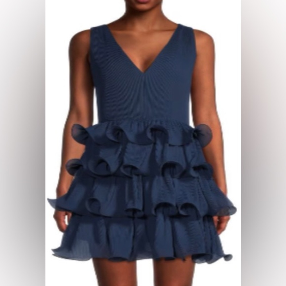 ✨ NWT Milly "Gia" Navy Plunge V-Neck Tiered Ruffle Chiffon Mini Dress Size 8 ✨